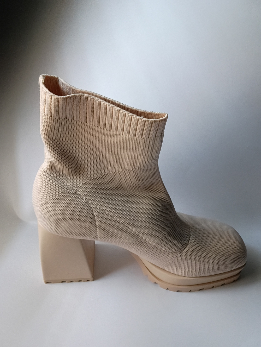 Women’s Beige Knit Sock Bootie with Block Heel